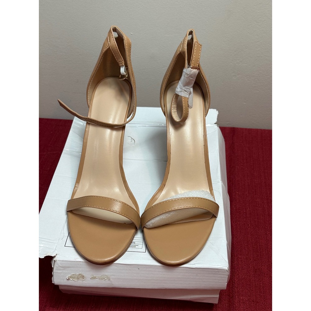 Tan Faux Leather Ankle Strap Stiletto Heels Sandals Size 9